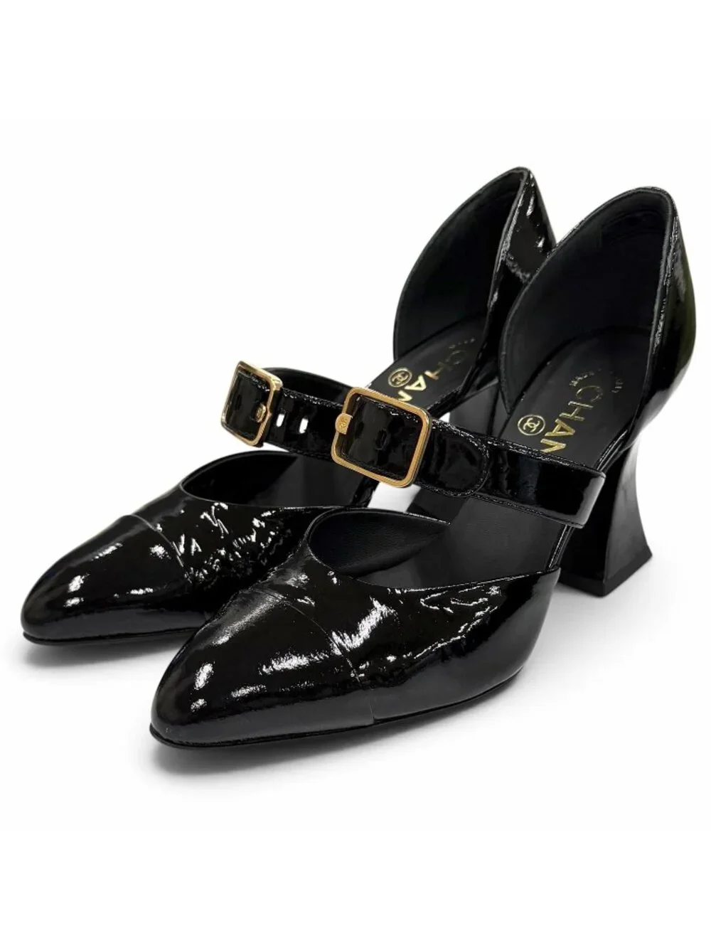 Chanel CC Logo Belt Design Pointed Toe Patent Leather Pumps Black Heel